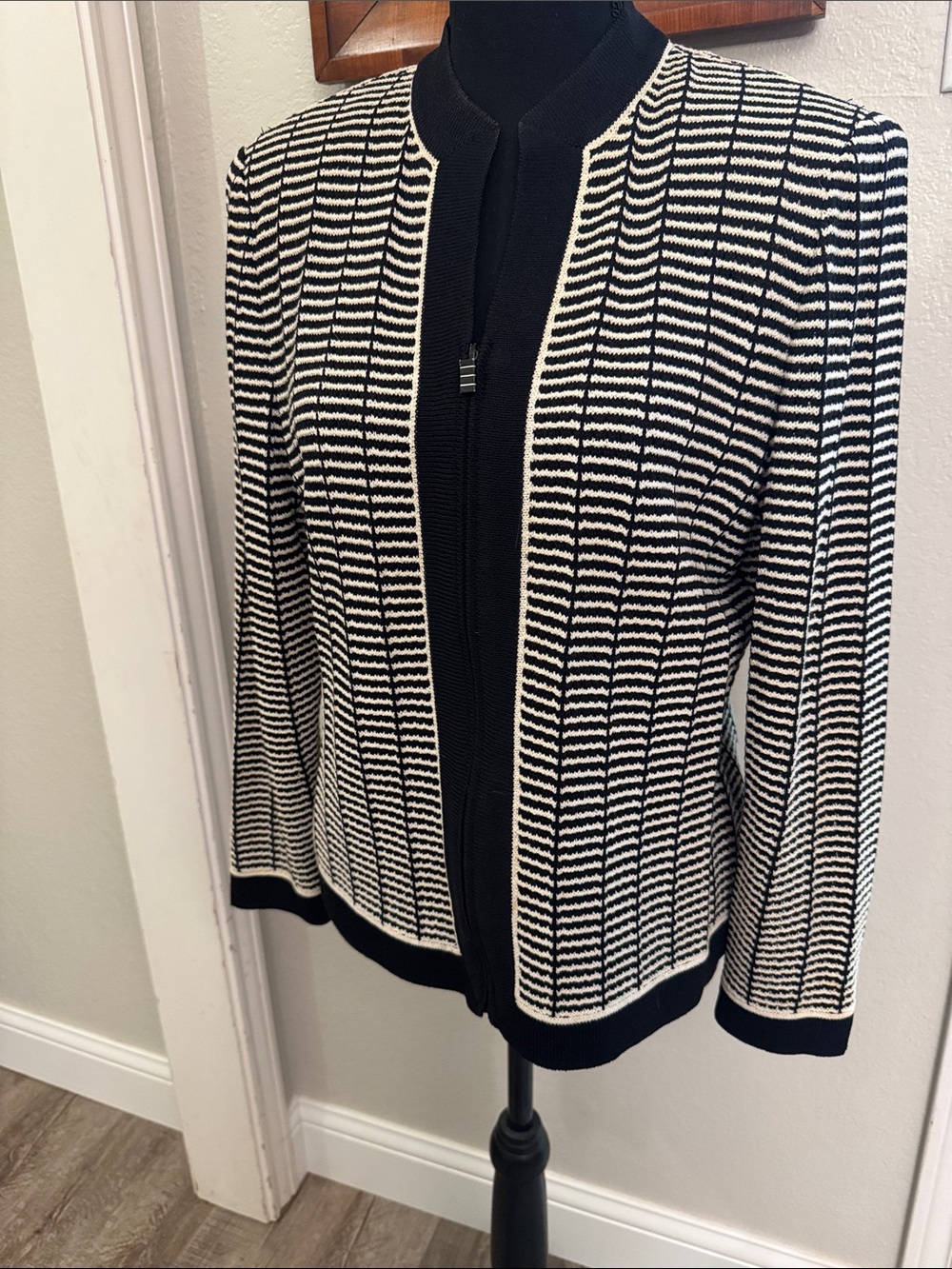 St. John Black and  Cream Striped Knit Zip Cardigan